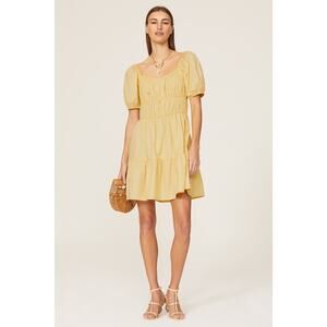 LOUNA Mellow Yellow Cotton Square Neck Puff Sleeves Smocked Cinched Dress Size M